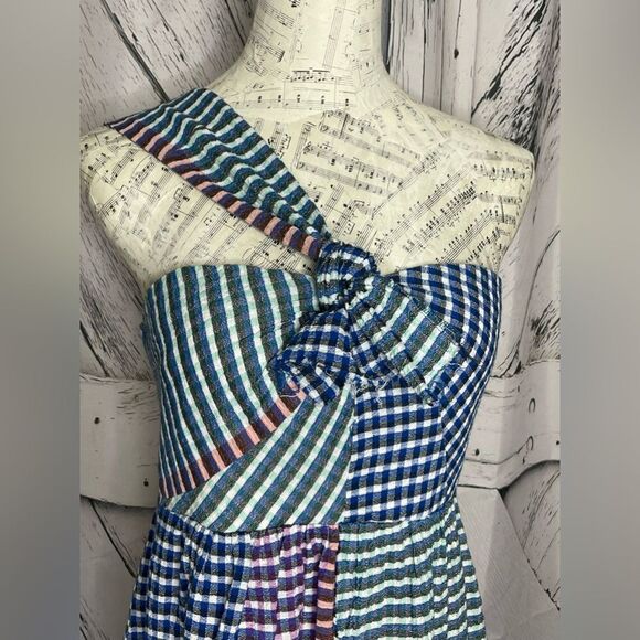 Anthropologie Maeve Waverly Dress Checked One-Shoulder Asymmetrical Blue 10 - Picture 3 of 10